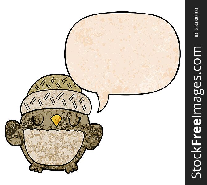 cute cartoon owl in hat with speech bubble in retro texture style