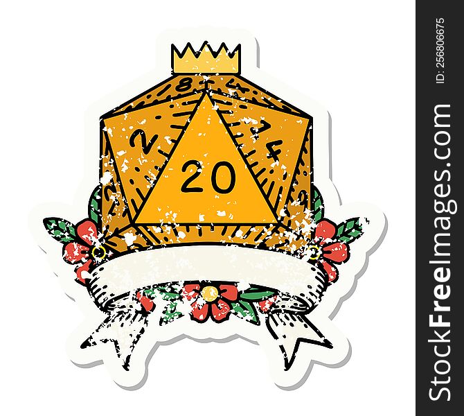 grunge sticker of a natural 20 critical hit D20 dice roll. grunge sticker of a natural 20 critical hit D20 dice roll