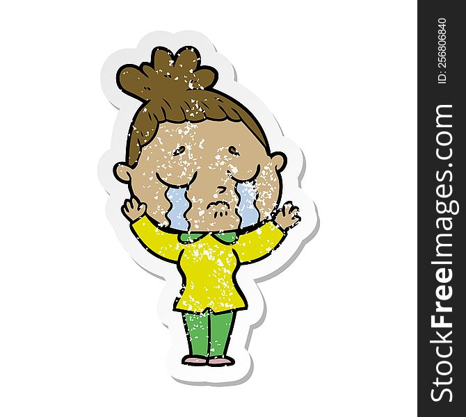 distressed sticker of a cartoon crying woman