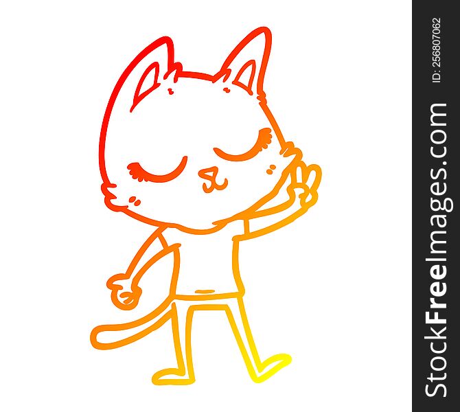 Warm Gradient Line Drawing Calm Cartoon Cat Giving Peace Sign