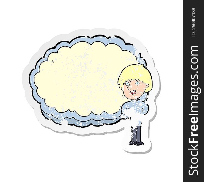 retro distressed sticker of a cartoon happy man with cloud text space