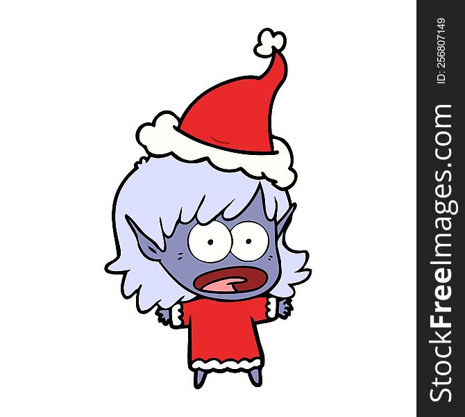 Line Drawing Of A Shocked Elf Girl Wearing Santa Hat