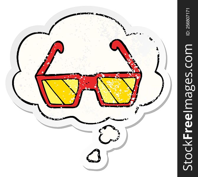 cartoon glasses with thought bubble as a distressed worn sticker