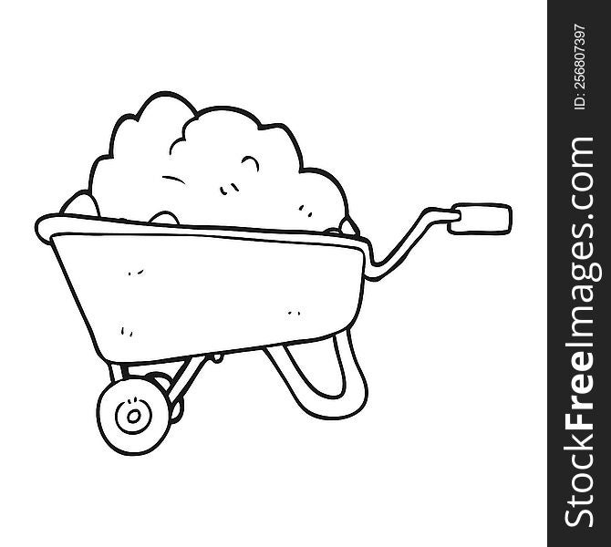 freehand drawn black and white cartoon wheelbarrow full of dirt