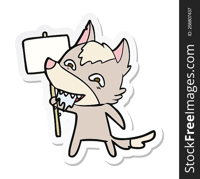 sticker of a cartoon hungry wolf with sign post