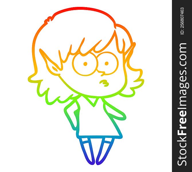 Rainbow Gradient Line Drawing Cartoon Elf Girl Staring