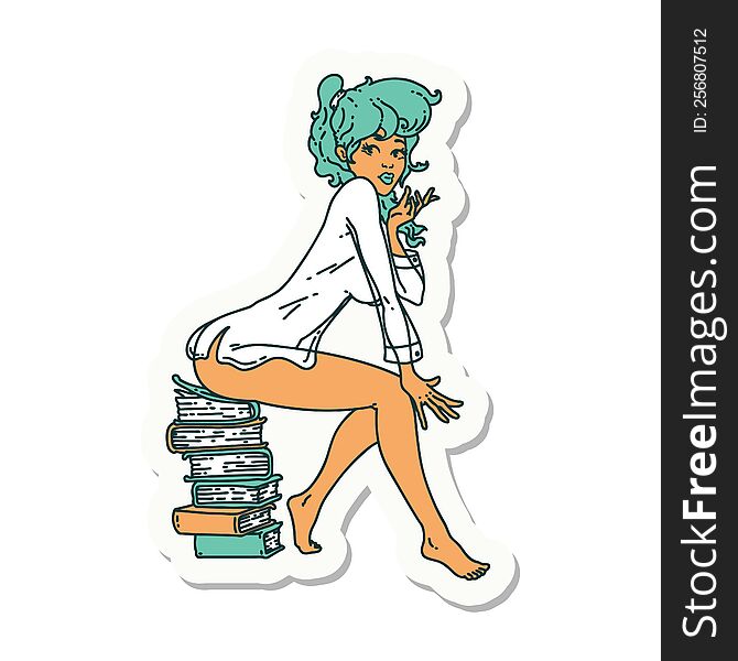 Tattoo Sticker Of A Pinup Girl Sitting On Books