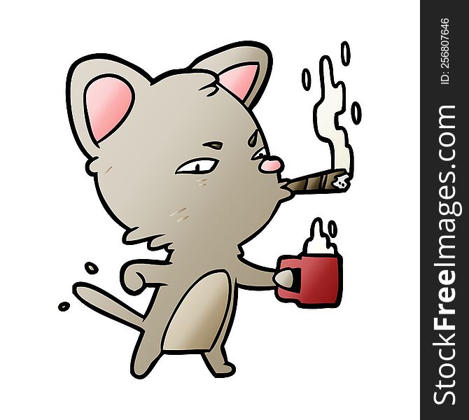 cartoon serious business cat with coffee and cigar. cartoon serious business cat with coffee and cigar