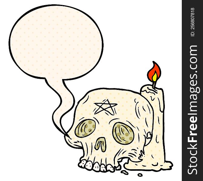 Cartoon Spooky Skull And Candle And Speech Bubble In Comic Book Style