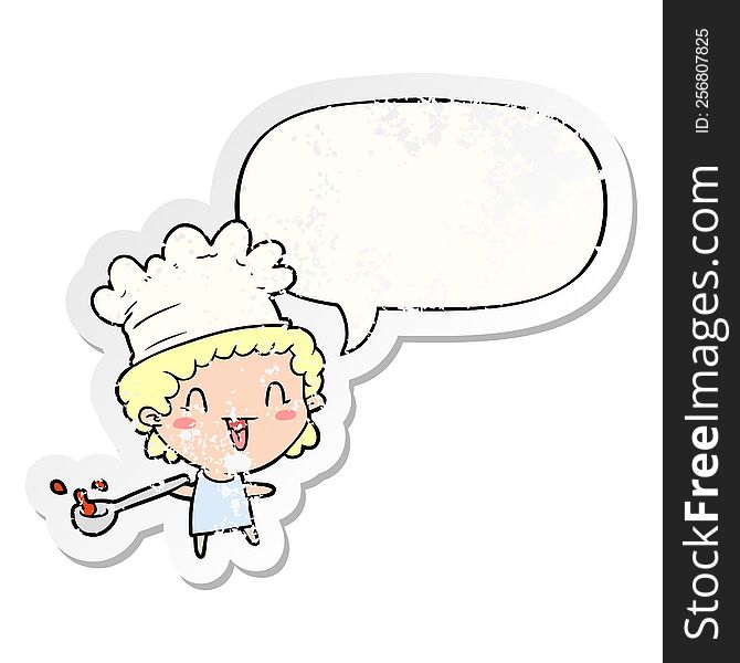Cute Cartoon Happy Chef And Speech Bubble Distressed Sticker