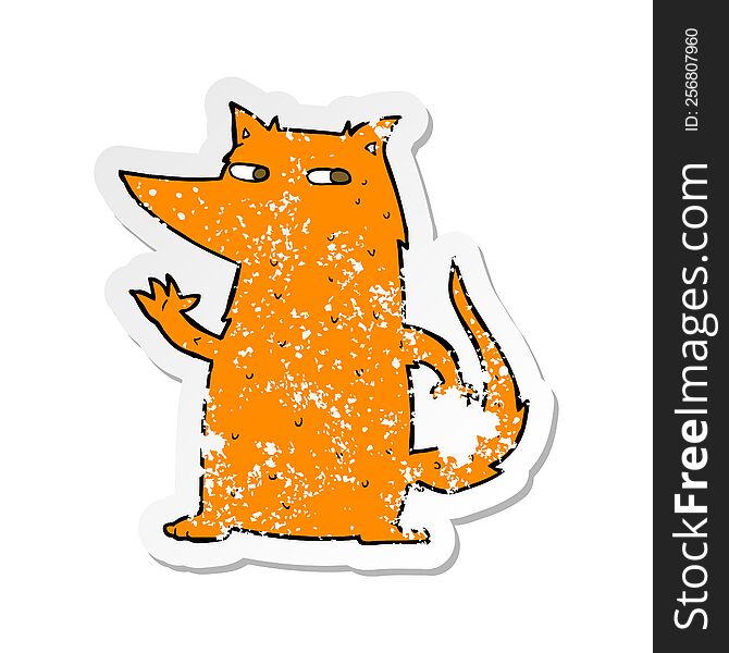 Retro Distressed Sticker Of A Cartoon Fox Waving