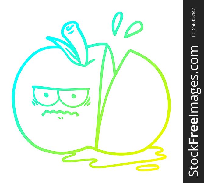 cold gradient line drawing of a cartoon angry sliced apple
