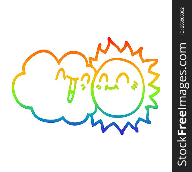 rainbow gradient line drawing of a cartoon happy sun and cloud