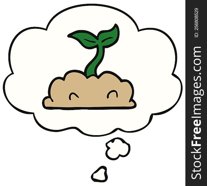 cartoon growing seedling with thought bubble. cartoon growing seedling with thought bubble