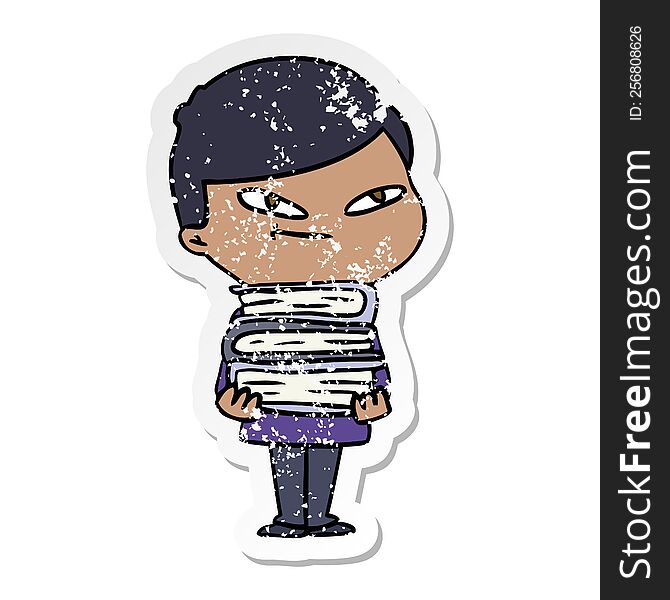 distressed sticker of a cartoon boy with books