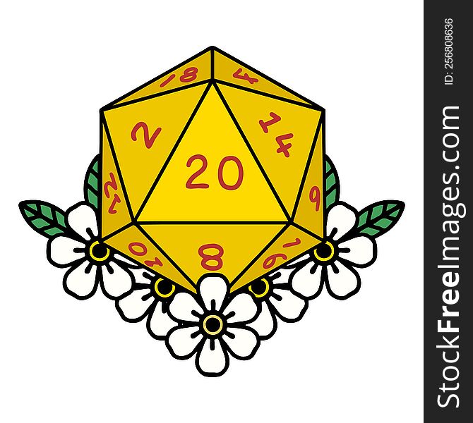 Natural 20 D20 Dice Roll With Floral Elements Illustration