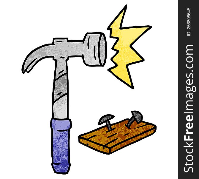 hand drawn textured cartoon doodle of a hammer and nails