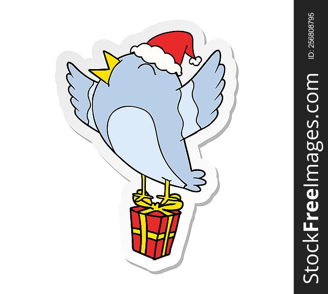 Sticker Cartoon Of A Bird Wearing Santa Hat