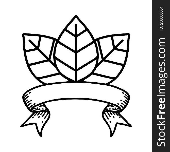 traditional black linework tattoo with banner of leaf. traditional black linework tattoo with banner of leaf