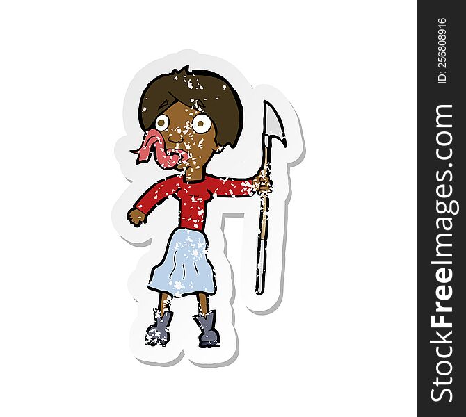 retro distressed sticker of a cartoon woman with spear sticking out tongue