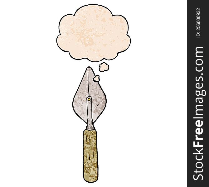 cartoon trowel and thought bubble in grunge texture pattern style