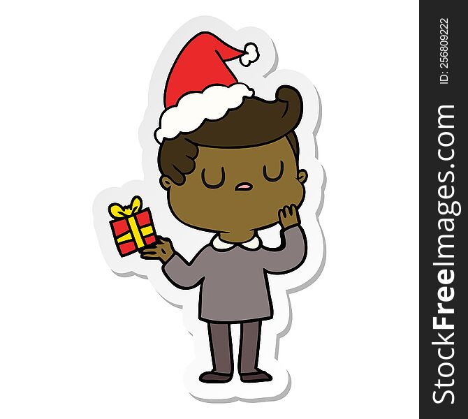 hand drawn sticker cartoon of a man wondering wearing santa hat