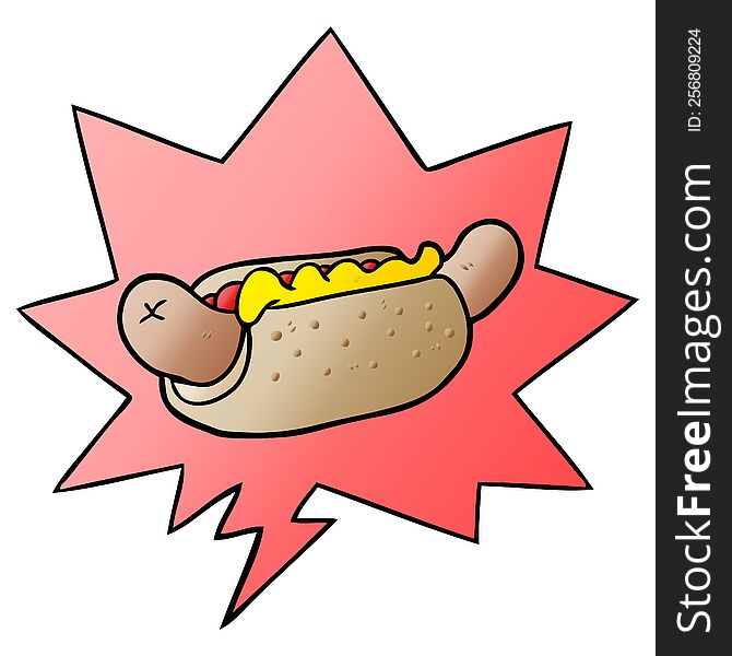 cartoon fresh tasty hot dog and speech bubble in smooth gradient style