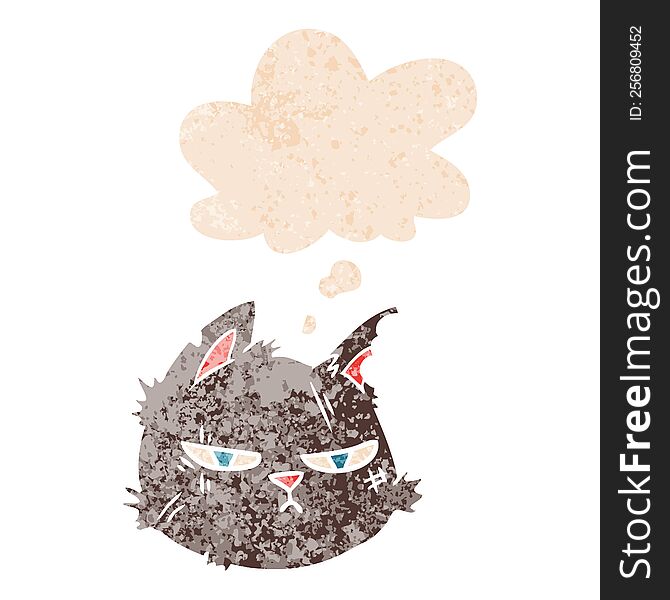 Cartoon Tough Cat Face And Thought Bubble In Retro Textured Style