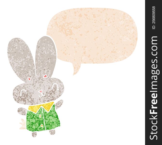 Cute Cartoon Tiny Rabbit And Speech Bubble In Retro Textured Style