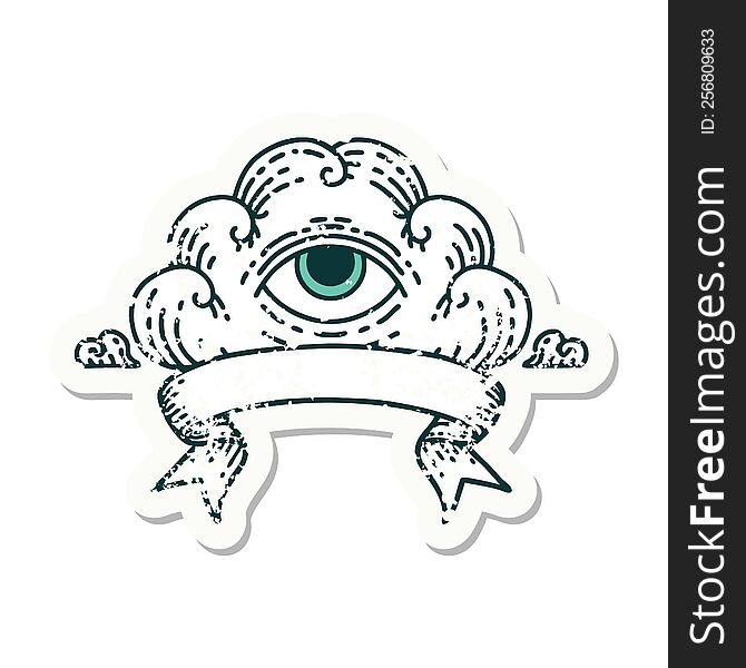 Grunge Sticker With Banner Of An All Seeing Eye Cloud