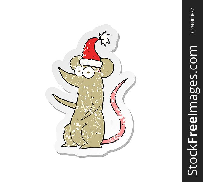 Retro Distressed Sticker Of A Cartoon Mouse Wearing Christmas Hat