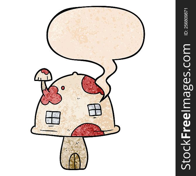 cartoon fairy mushroom house with speech bubble in retro texture style