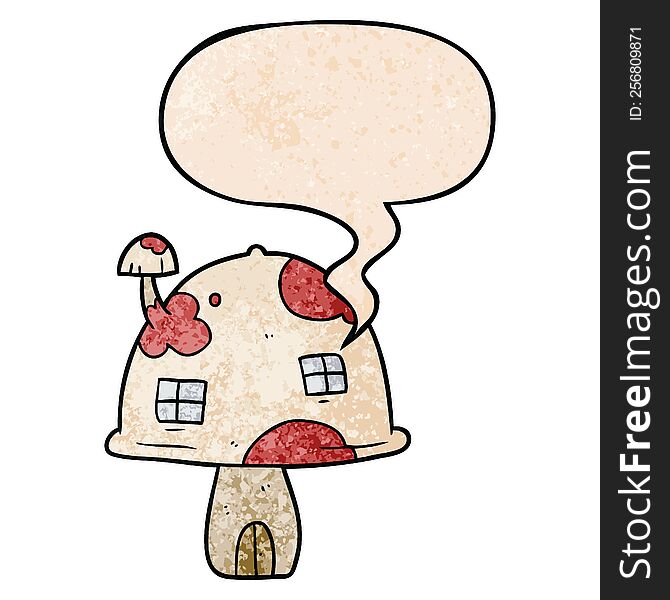 cartoon fairy mushroom house and speech bubble in retro texture style