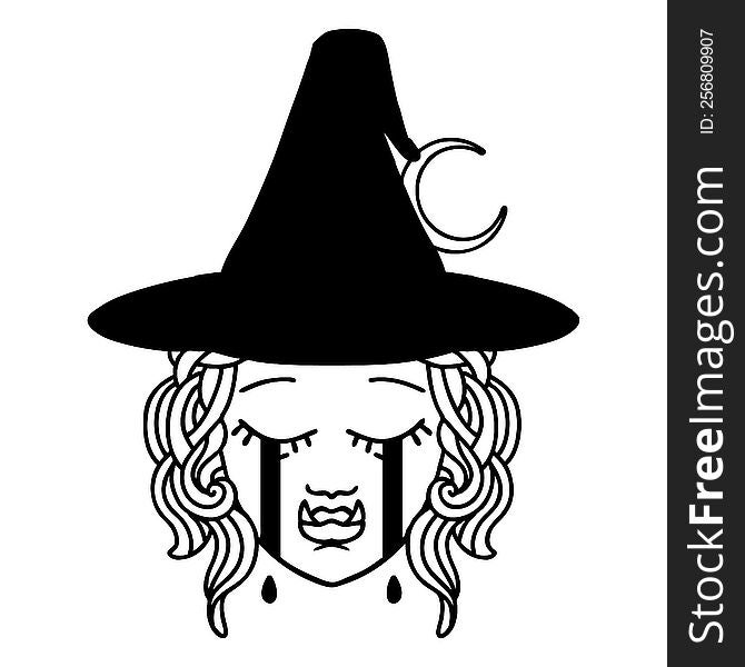 Black and White Tattoo linework Style crying half orc witch character face. Black and White Tattoo linework Style crying half orc witch character face