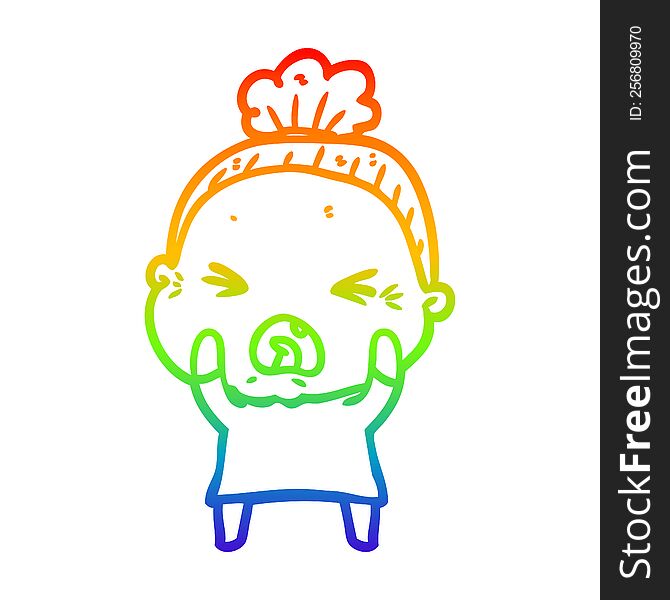 rainbow gradient line drawing of a cartoon angry old woman