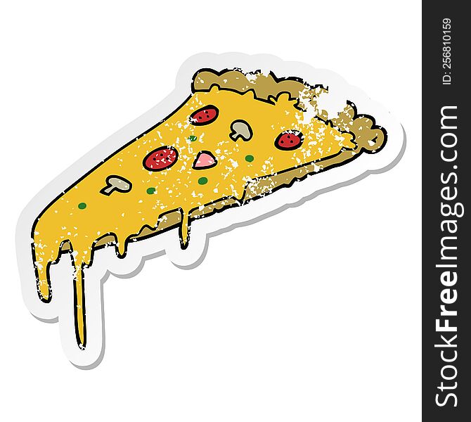 Distressed Sticker Of A Cartoon Pizza Slice