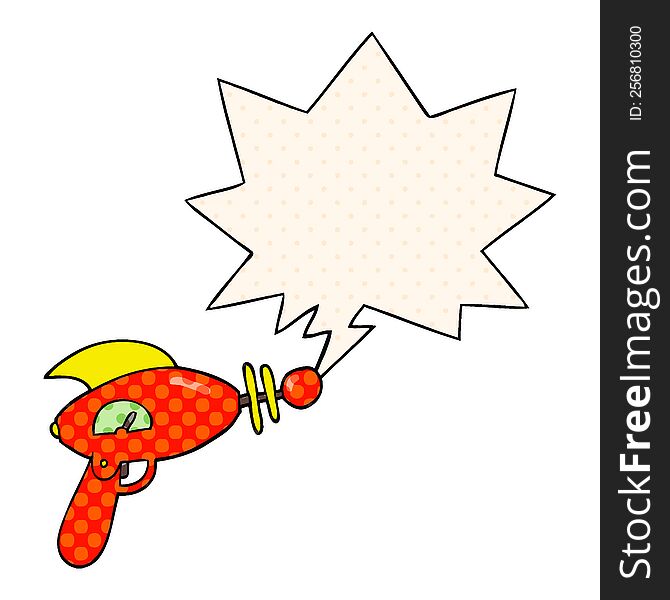 cartoon ray gun with speech bubble in comic book style