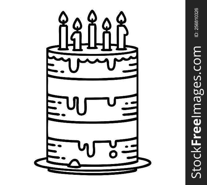 tattoo in black line style of a birthday cake. tattoo in black line style of a birthday cake