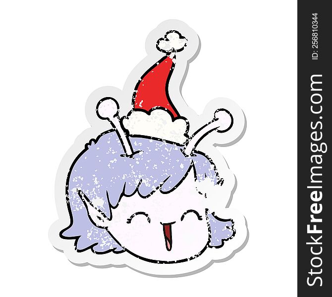 Distressed Sticker Cartoon Of A Alien Space Girl Face Wearing Santa Hat