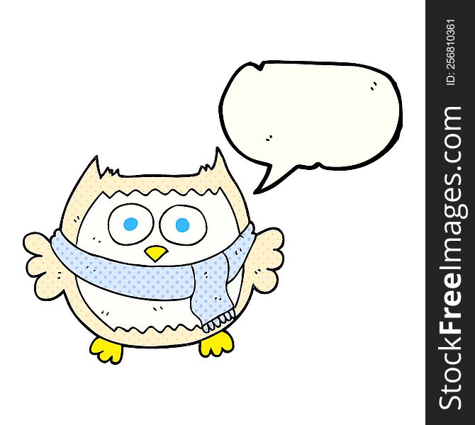 freehand drawn comic book speech bubble cartoon owl wearing scarf