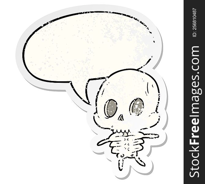 cute cartoon skeleton with speech bubble distressed distressed old sticker. cute cartoon skeleton with speech bubble distressed distressed old sticker