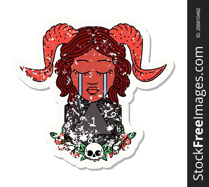 grunge sticker of a crying tiefling character with natural one D20 dice roll. grunge sticker of a crying tiefling character with natural one D20 dice roll