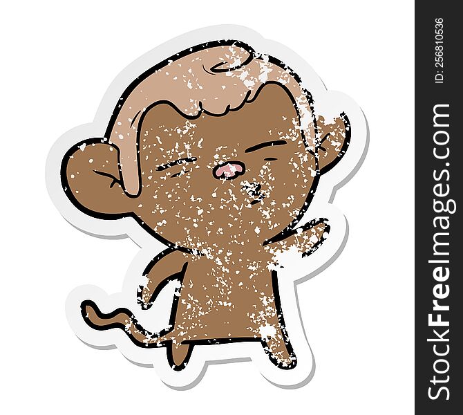 Distressed Sticker Of A Cartoon Suspicious Monkey