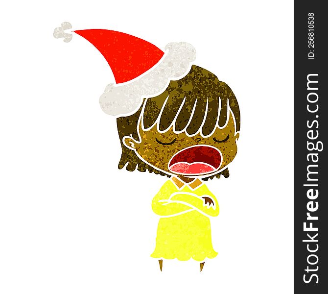 hand drawn retro cartoon of a woman talking loudly wearing santa hat