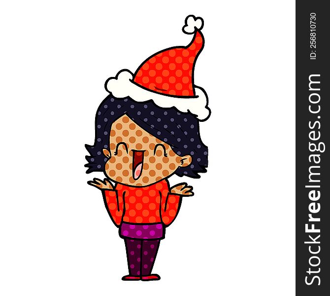 hand drawn comic book style illustration of a happy woman wearing santa hat