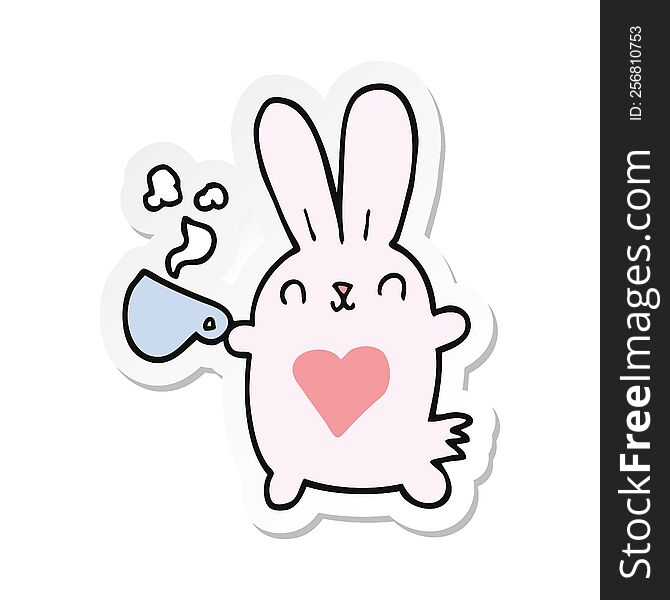 Sticker Of A Cute Cartoon Rabbit With Love Heart And Coffee Cup