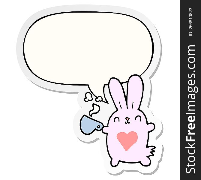 cute cartoon rabbit with love heart and coffee cup with speech bubble sticker. cute cartoon rabbit with love heart and coffee cup with speech bubble sticker
