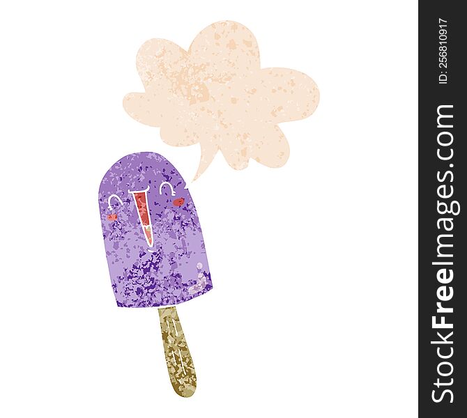 Cartoon Happy Ice Lolly And Speech Bubble In Retro Textured Style
