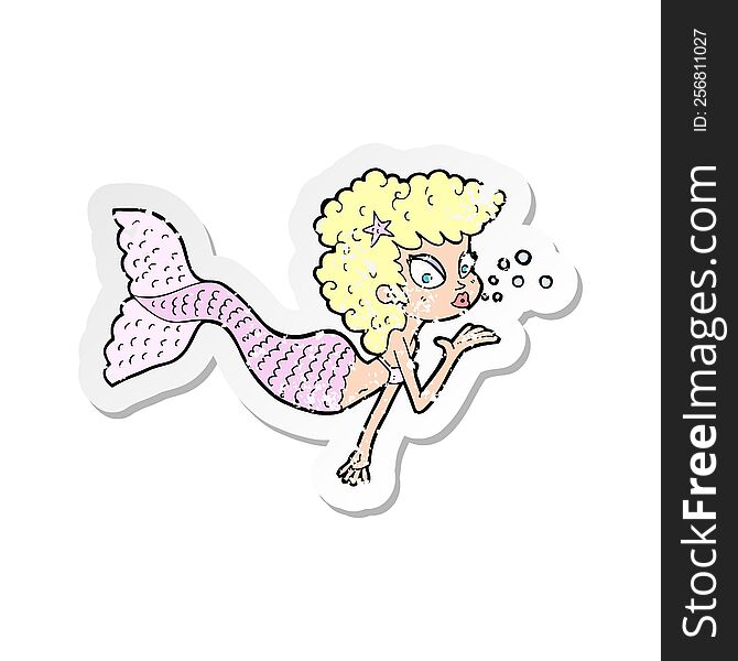 retro distressed sticker of a cartoon mermaid blowing kiss