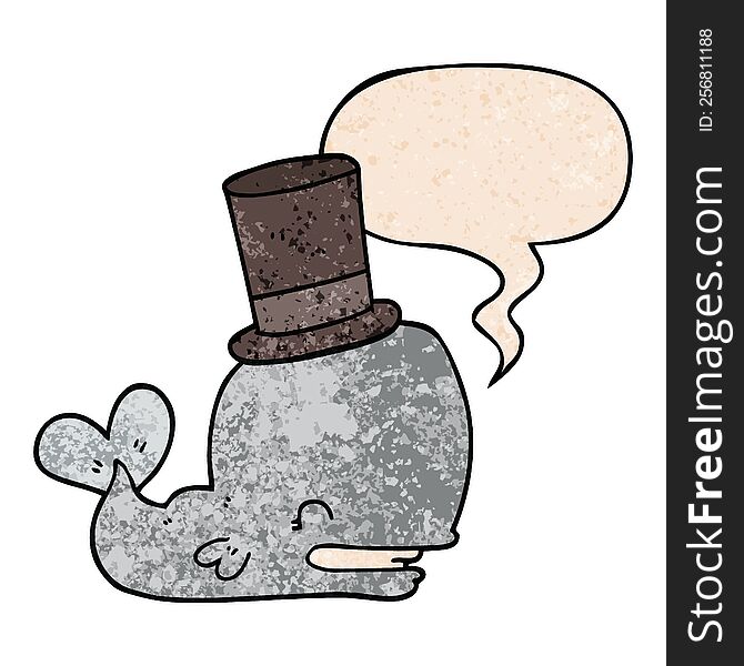 Cartoon Whale Wearing Top Hat And Speech Bubble In Retro Texture Style